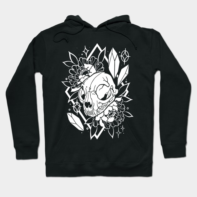 Cat skull, crystals, and peonies in white Hoodie by theartofamberramirez